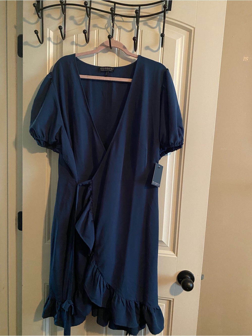 Eloquii Navy Wrap Ruffle Midi Dress